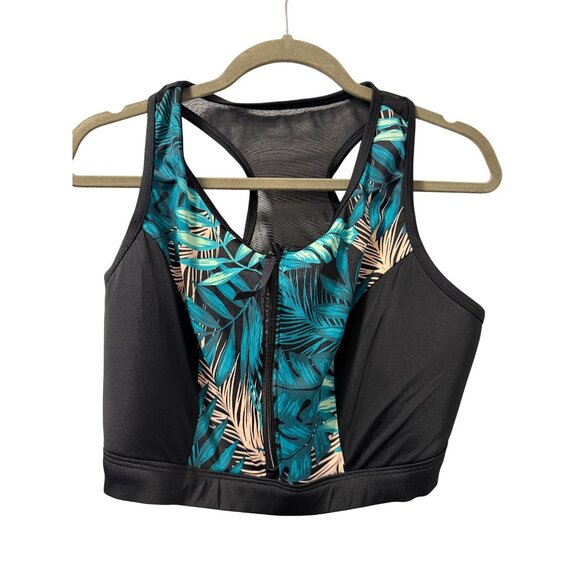 Cacique Swim By Cacique Black & Tropical Leaf Print Zip Front Sports Bra Size 20 - Picture 1 of 12
